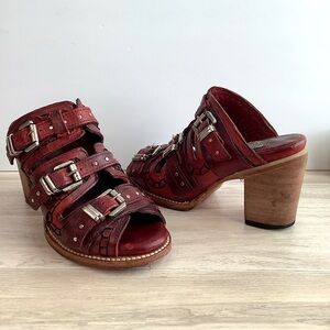 FREEBIRD Caitlyn Red Leather Heeled Sandal Mule Cowgirl Boho Festival US 7